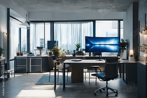 Cozy  Modern home office workplace with computer and desk  wooden floor  natural light  and rug with a big window view of the city