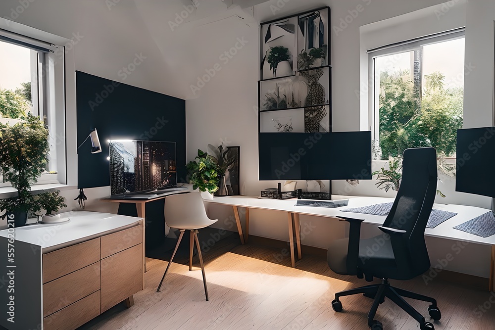 Cozy, Modern home office workplace with computer and desk, wooden floor, natural light, and rug with a big window view of the city Cozy, Modern home office workplace with computer and desk, wooden floor, natural light, and rug with a big window view of the city