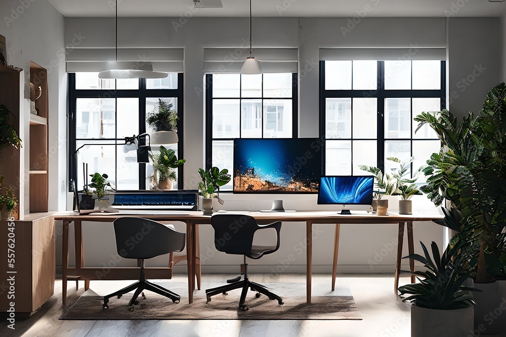Cozy, Modern home office workplace with computer and desk, wooden floor, natural light, and rug with a big window view of the city Cozy, Modern home office workplace with computer and desk, wooden floor, natural light, and rug with a big window view of the city