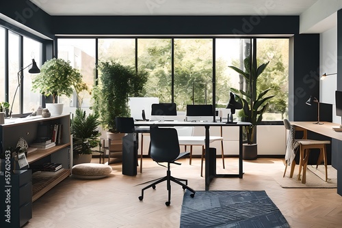 Cozy  Modern home office workplace with computer and desk  wooden floor  natural light  and rug with a big window view of the city