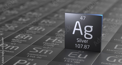 Silver element periodic table, metal mining 3d illustration
