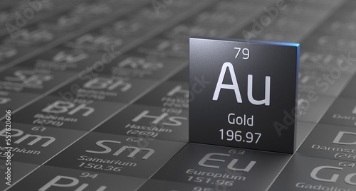 Gold element periodic table, metal mining 3d illustration