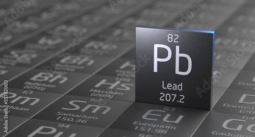 Lead element periodic table, metal mining 3d illustration