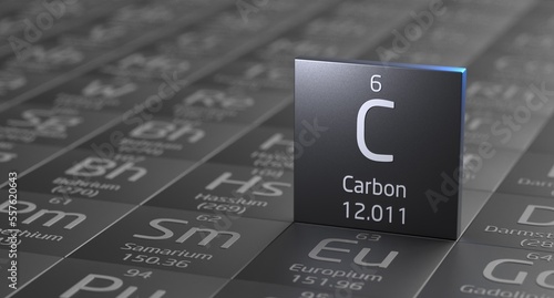 Carbon element periodic table, metal mining 3d illustration