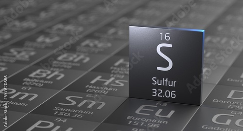 Sulfur element periodic table, metal mining 3d illustration