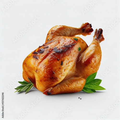 Whole fresh roasted chicken isolated on a white background photo