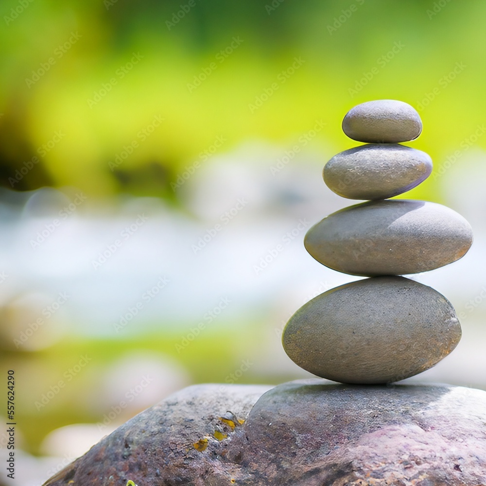 Balanced tower of stacked stones on the soft nature green background. Copyspace. Calm, zen and meditation. Generative AI Balanced tower of stacked stones on the soft nature green background. Copyspace. Calm, zen and meditation. Generative AI