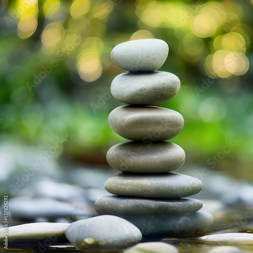 Balanced tower of stacked stones on the soft nature green background. Calm  zen and meditation. Generative AI