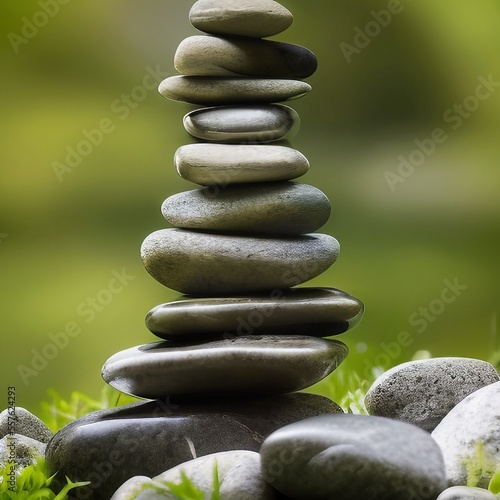 Tall balanced tower of stacked stones on the soft nature green background. Calm  zen and meditation. Generative AI