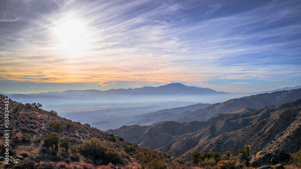Joshua Tree National Park Landscape Series, Keys View summit at sunset, a high viewpoint with Indio Hills, Mt San Jacinto, and hazy clouds in Southern California, USA