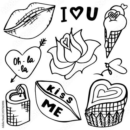 Set of decorative elements isolated on white for Saint Valentines day. Vector illustration of cupcake, ice-cream, lips, candle, rose, hearts, lettering.