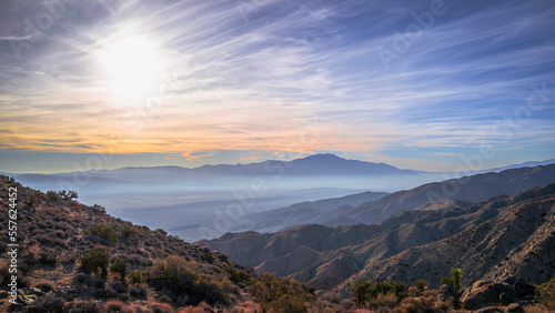 Joshua Tree National Park Landscape Series, Keys View summit at sunset, a high viewpoint with Indio Hills, Mt San Jacinto, and hazy clouds in Southern California, USA