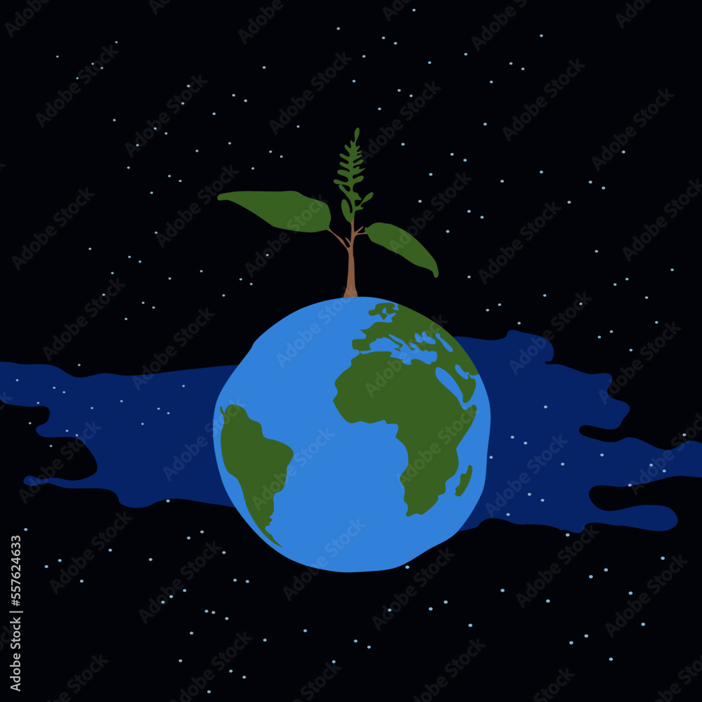 Fototapeta premium Earth day simple vector illustration. Save earth illustration with blue, green, and starry space background.