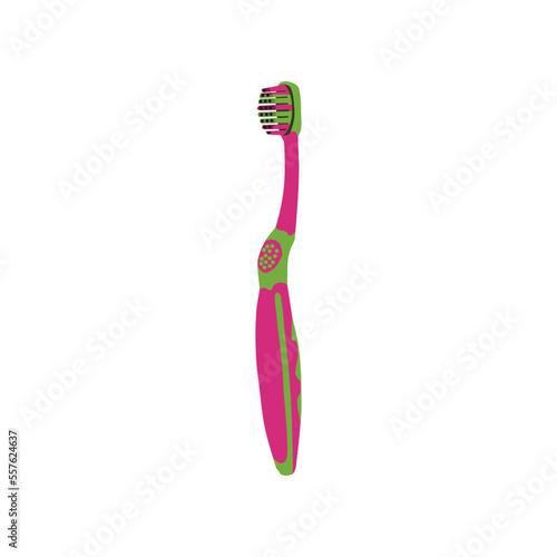 Cute kids toothbrush or kid teeth brush vector in green and purple. Realistic vector illustration of toiletries in trendy style. Editable graphic resources for various purposes.