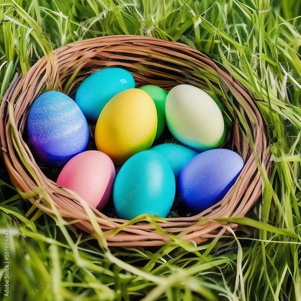 Colorful Easter eggs in a basket. Generative AI Colorful Easter eggs in a basket. Generative AI
