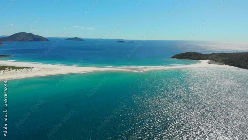 Drone video flying toward Fingal beach on a bright sunny spring day Drone video flying toward Fingal beach on a bright sunny spring day