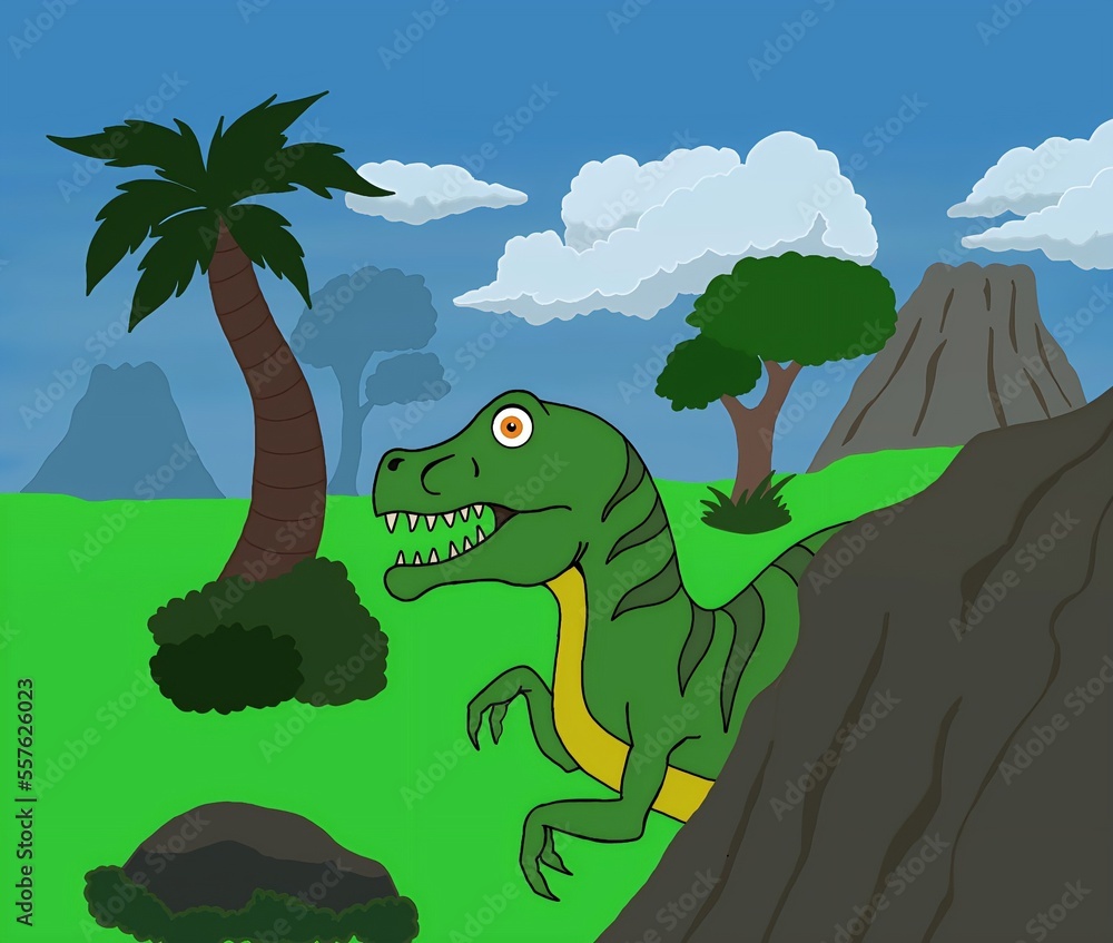 Naklejka premium illustration with prehistoric landscape with green dinosaur, volcano, trees and stones.