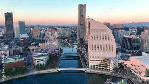 sunrise in Yokohama, aerial view of the biggest commercial port in Japan, Japanese urban landscape in Yokohama