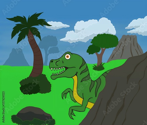 illustration with prehistoric landscape with green dinosaur, volcano, trees and stones.