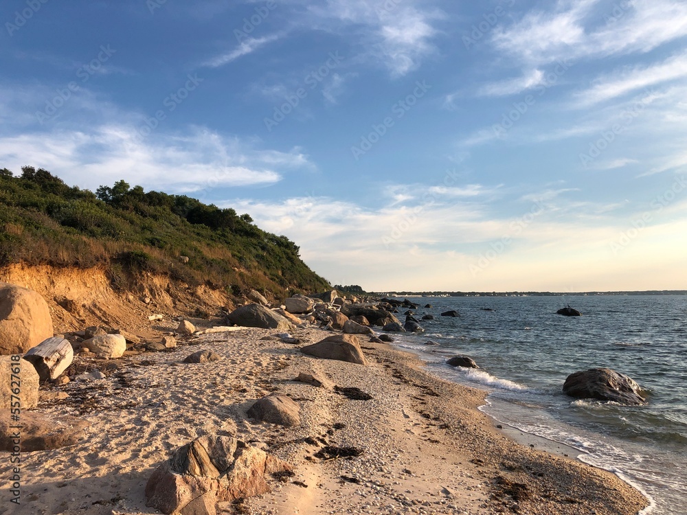 The shore of Inlet Pond County Park in Greenport, Long Island, New York