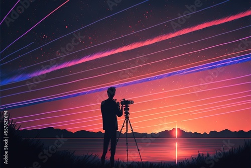 The photographer shoots the sunset with a long exposure