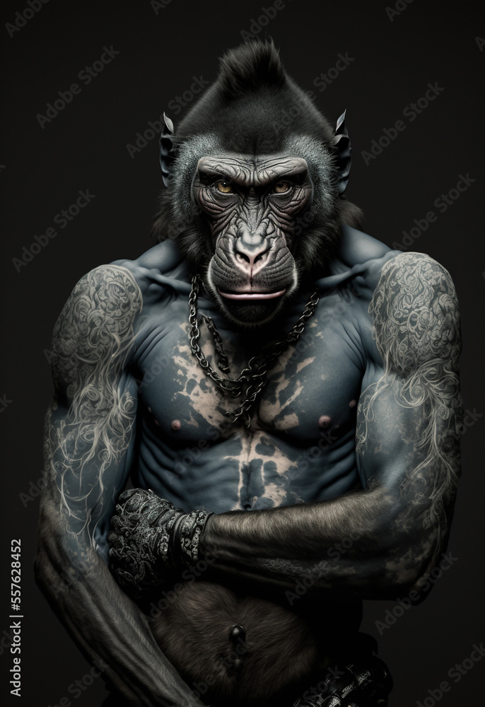 portrait of a monkey with tattoo art, art monkey