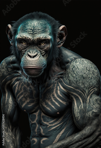 portrait of a monkey with tattoo art, art monkey
