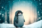 A cute little penguin is walking through the snow in the winter.