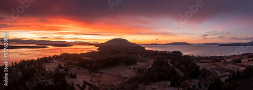Aerial Winter Sunrise Over Hale Passage and Lummi Island. Snow blankets this lovely small island located minutes from Bellingham  Washington and accessed by a twenty one car ferry boat. 