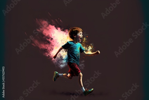 A boy runs with a colored smoke flyer