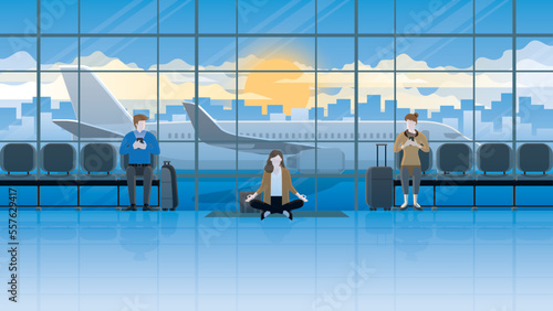 Alone calm businesswoman sits and meditates at an international airport terminal, between passengers. Think of business idea solutions, solve problems, stress relief, mindfulness, breath, and relax.