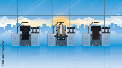A calm businesswoman sits and meditates at an office working table with a computer. Think of business idea solutions, solve problems, stress relief, mindfulness, breath, relaxation time, and peaceful.