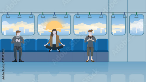 A calm businesswoman sits and meditates on train transportation between passengers. Think of business idea solutions, solve problems, stress relief, mindfulness, breath, and relax time from work hours