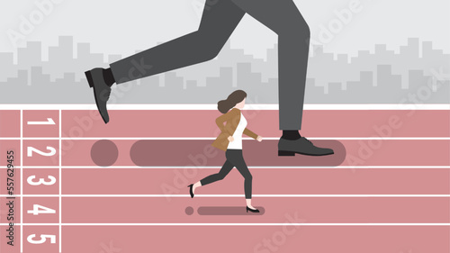 Businesswoman running on a race track with a big businessman. Concept of a small company fight with a large company, economic competition, competitors, career opportunities, and business competition.