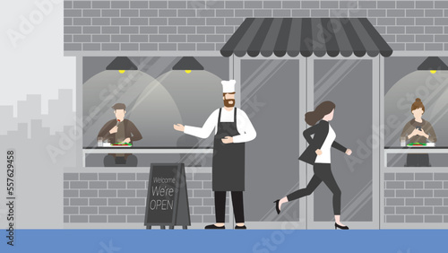 Hurry businesswoman runs a race against time, past the bistro restaurant. Rush hour, Urgent, Busy, Hectic, Daily haste, the fast pace of life, the hustle and bustle of an urban lifestyle concept. 