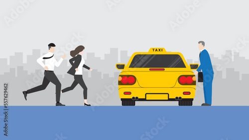 Hurry office people run to grab taxi and miss catching up with a businessman. Rush hour, Urgent, Busy, Hectic, Daily haste, the fast pace of life, the hustle and bustle of an urban lifestyle concept. 