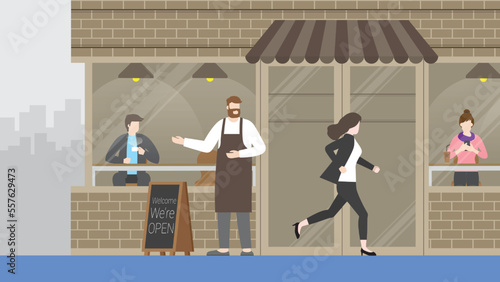 Hurry businesswoman runs a race against time, past the coffee shop cafe. Rush hour, Urgent, Busy, Hectic, Daily haste, the fast pace of life, the hustle and bustle of an urban lifestyle concept.