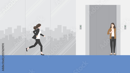 Hurry businesswoman runs a race against time to a waiting office elevator. Rush hour, Urgent, Busy, Hectic, Daily haste, the fast pace of life, the hustle and bustle of an urban lifestyle concept.