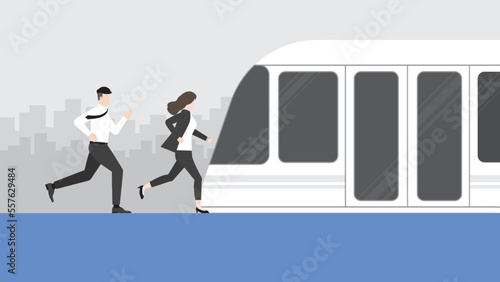 Hurry office people run against time to waiting train transportation. Rush hour, Urgent, Busy, Hectic, Daily haste, the fast pace of life, the hustle and bustle of an urban lifestyle concept. 