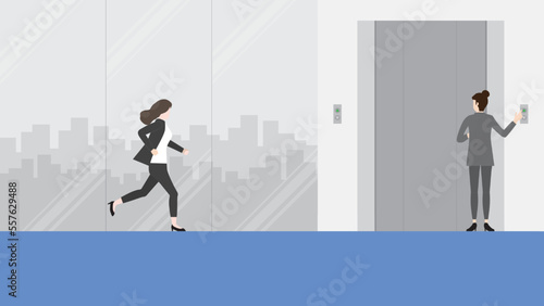 Hurry businesswoman runs a race against time to a waiting office elevator. Rush hour, Urgent, Busy, Hectic, Daily haste, the fast pace of life, the hustle and bustle of an urban lifestyle concept.