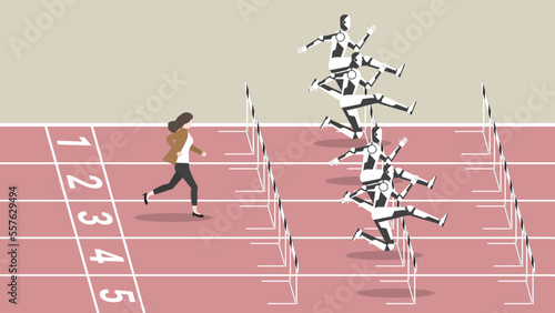 Feminist, Woman power, Ambition lady and Competition of businesswoman with robot AI automation technology run in a race track. Concept of a CEO female, The loser is slower and out of date people.