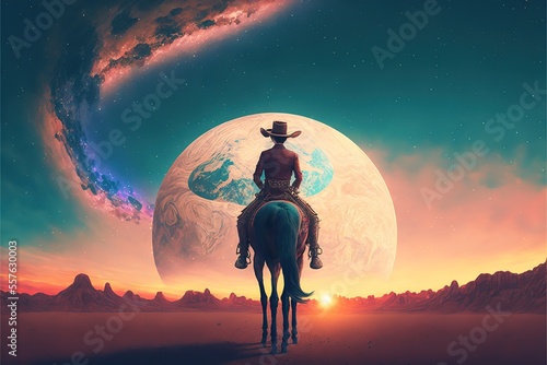 Slika na platnu A cowboy rides a horse against the background of the sun