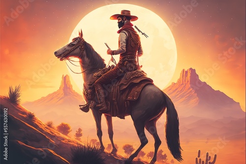 A cowboy rides a horse against the background of the sun