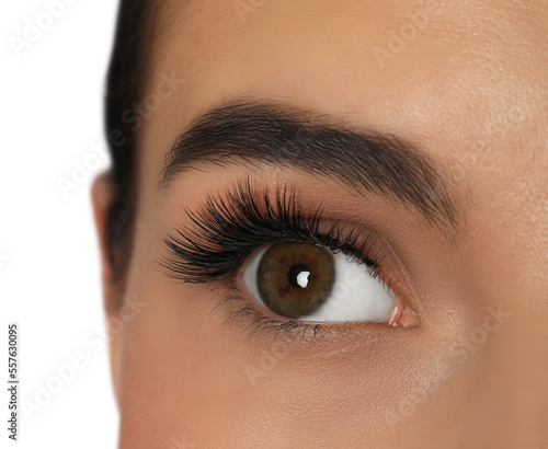 Beautiful young woman with long eyelashes on white background, closeup