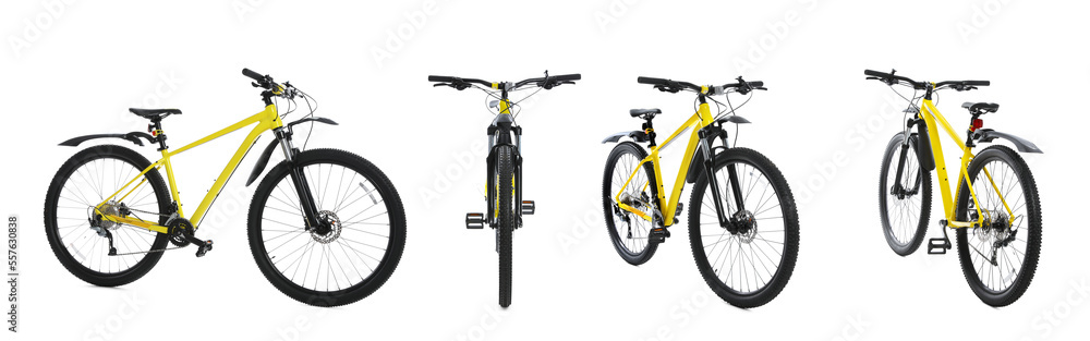 Collage with bicycle on white background, views from different sides. Banner design Collage with bicycle on white background, views from different sides. Banner design