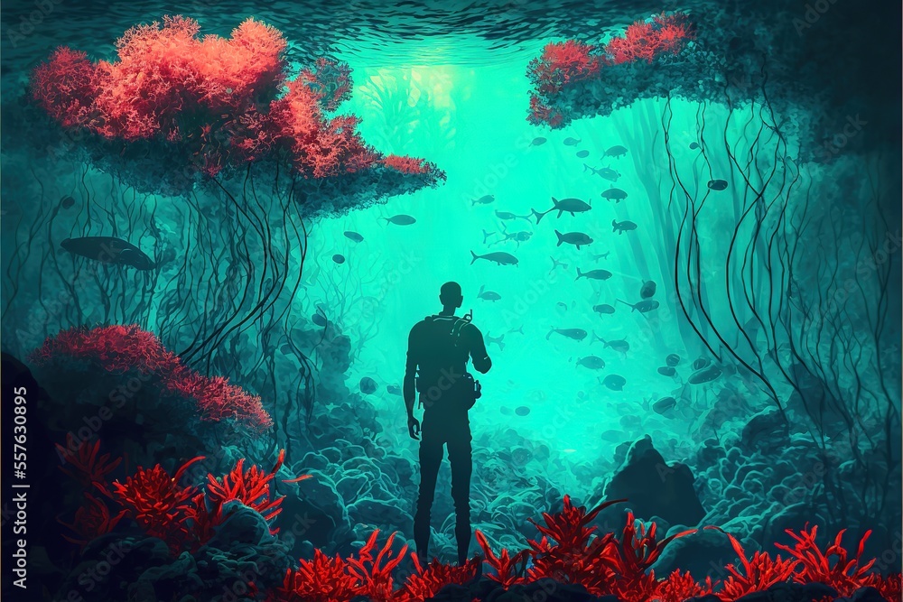 A man stands in a colorful coral forest, a fantastic illustration