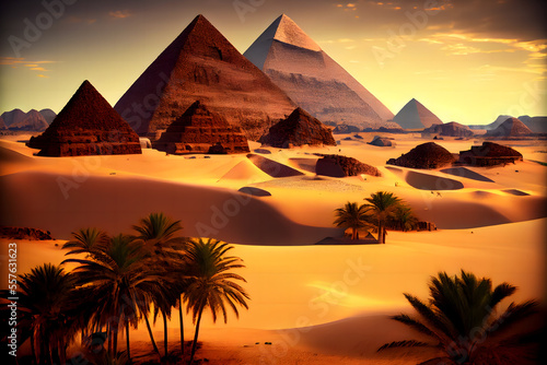 Ancient Egypt, pyramids, palm trees, golden city, oasis in the desert