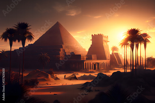 Ancient Egypt  pyramids  palm trees  golden city  oasis in the desert