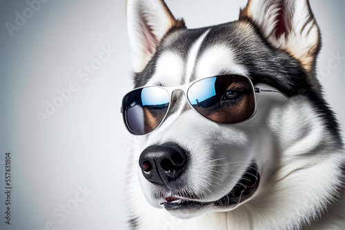 A portrait of a Siberian Husky dog wearing sunglasses, isolated on a white background