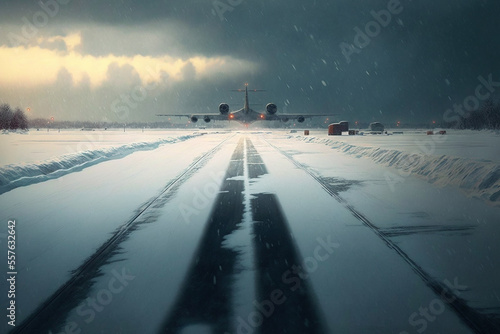A snow filled airport runway - Generative AI
